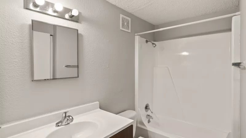 Modern bathroom with a white vanity, mirrored medicine cabinet, and a white shower-tub combination. Walls are light gray.