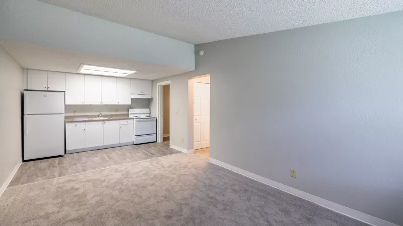 Empty studio apartment with light gray carpet, light gray walls, and a small kitchen area featuring white appliances and cabinets.