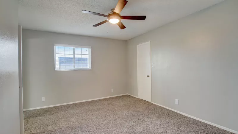 Empty bedroom with light gray walls, brown carpet, a window with blinds, and a ceiling fan.