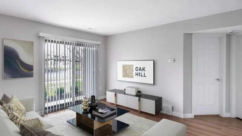 Bright modern living room with a white sofa, dark coffee table, and a TV on a console displaying a "BAK WILL" logo. Sliding doors.