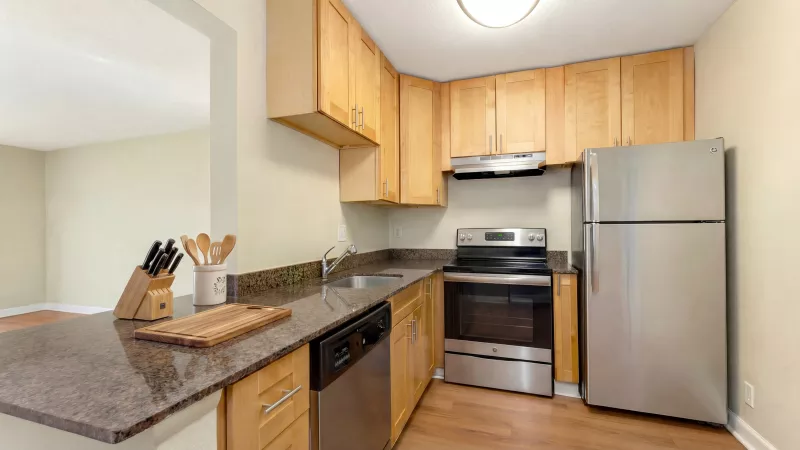 Modern kitchen with light wood cabinets, dark granite countertops, and stainless steel appliances.