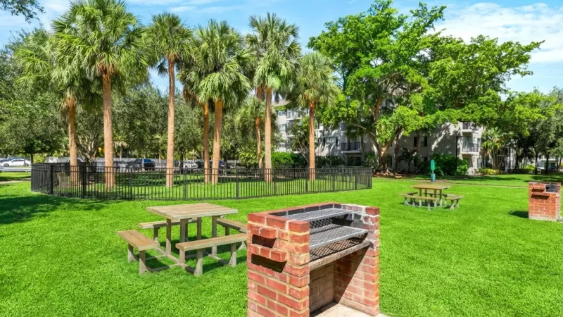 Sunny outdoor picnic area with a brick barbecue, wooden table, lush green grass, and tall palm trees.