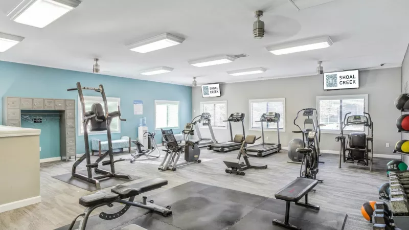 Bright, modern gym with treadmills, ellipticals, weight benches, and free weights.