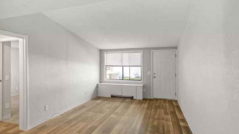 Empty room with light gray walls, wood-look floor, a window with blinds, and a white entry door.