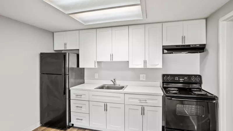 Bright kitchen with white cabinets, white counters, stainless steel sink, black refrigerator, black electric range, and wood floor.