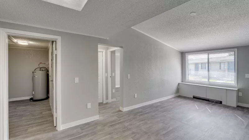 Unfurnished room with light gray walls, wood-look floor, large window, and utility closet containing a water heater.