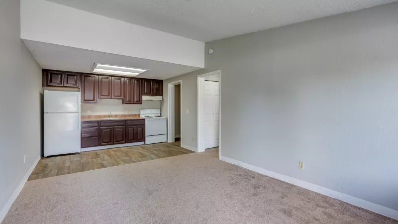 Photograph of an empty apartment: living room with brown carpet, grey walls; kitchen with dark wood cabinets, white appliances.
