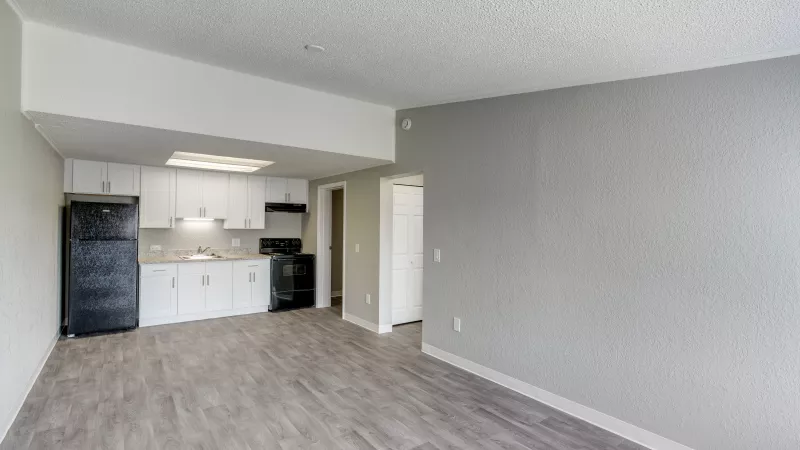 Unfurnished apartment with an open living area, kitchen featuring white cabinets, black appliances, grey walls, and wood-look floor.