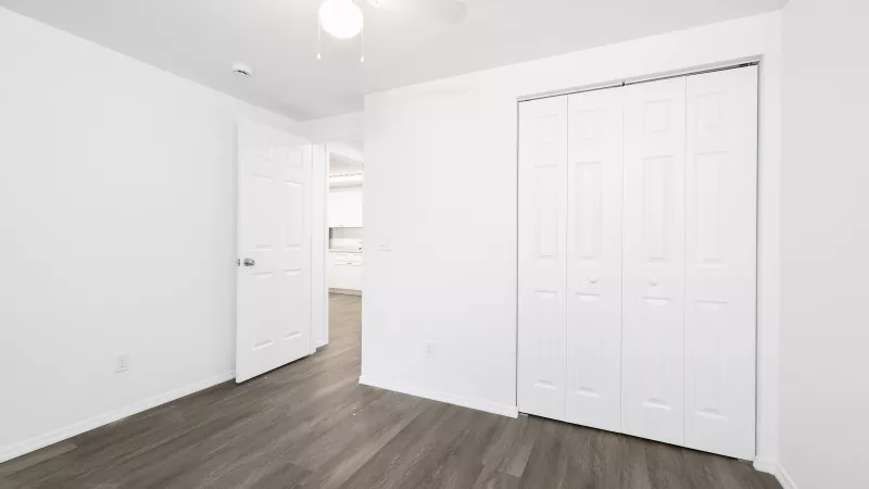 Empty room with white walls, dark wood-look floor, bifold closet, ceiling fan, and partially open door.