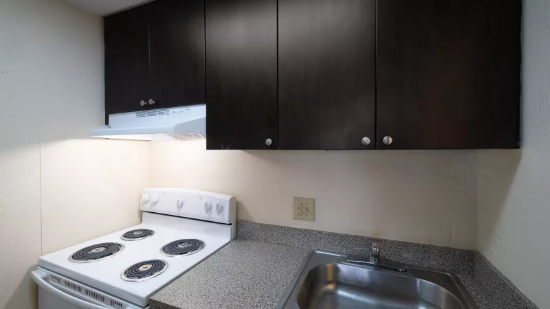 Compact kitchen featuring dark overhead cabinets, a white electric stove, and a stainless steel sink set in a speckled gray counter.