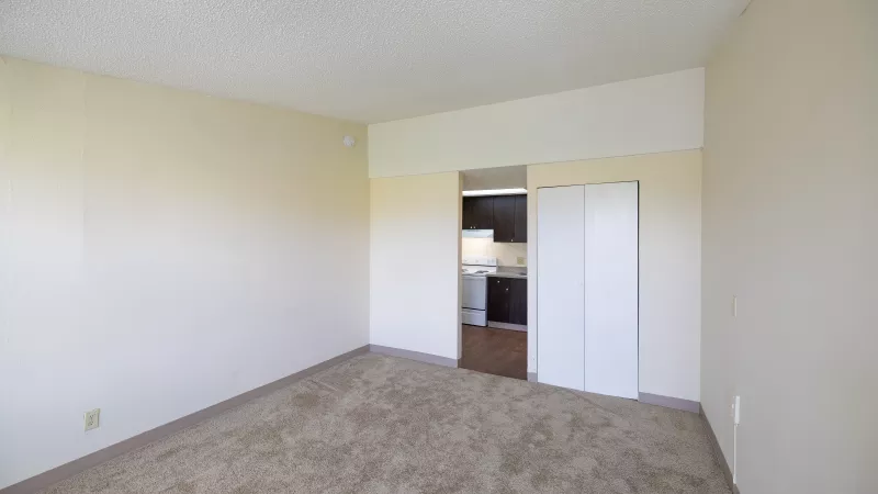 Empty room with tan walls, light brown carpet, and an open doorway leading to a kitchen with dark cabinets.