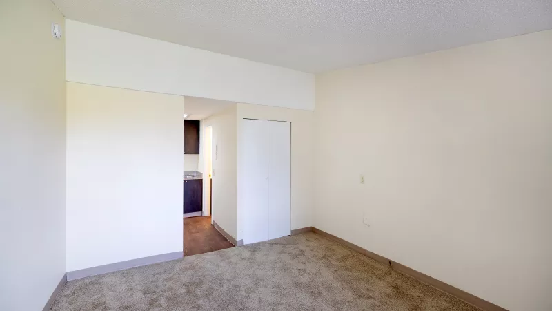Empty room with brown carpet, light walls, a doorway to a kitchen, and a white closet.