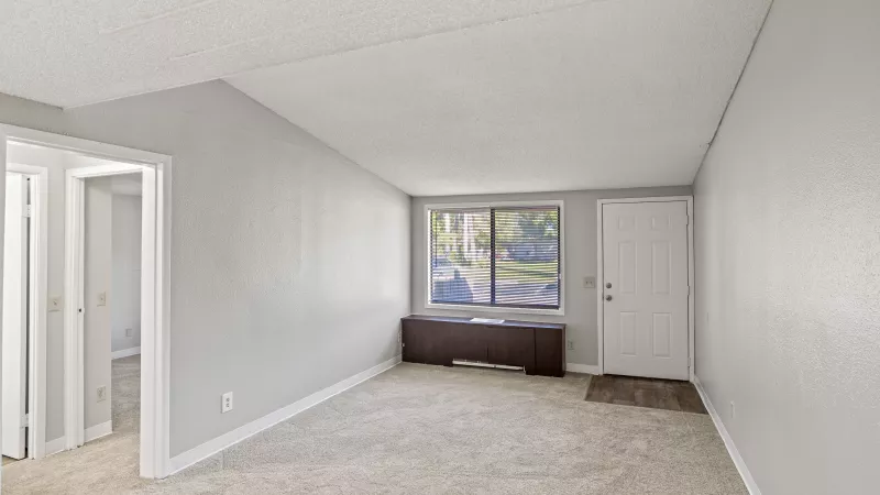 Empty living room features light grey walls, beige carpet, a window with a dark console, and a white front door.