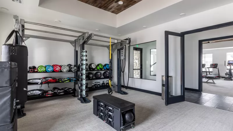 Well-equipped gym space with colorful kettlebells, punching bags, a training bench, and a rustic wooden ceiling.