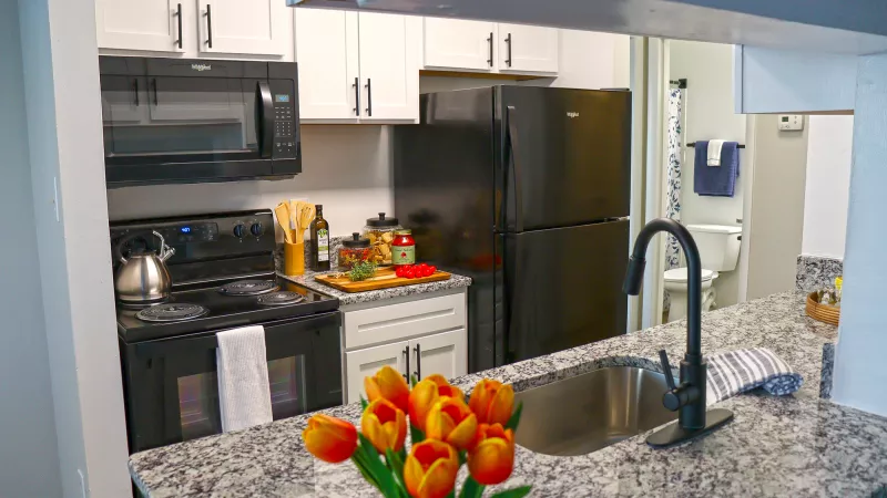 Photograph of a modern kitchen with black appliances, white cabinets, granite counters, and orange tulips. Bathroom visible.
