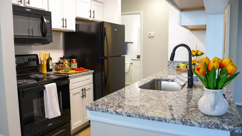 Modern kitchen with black appliances, white cabinets, granite countertops, and a bouquet of yellow and orange tulips.