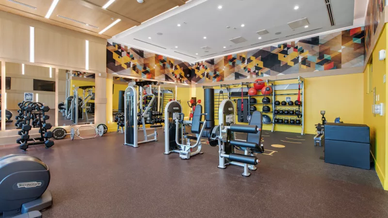 Photograph of a modern gym with yellow walls, a colorful geometric mural, strength training machines, and free weights.