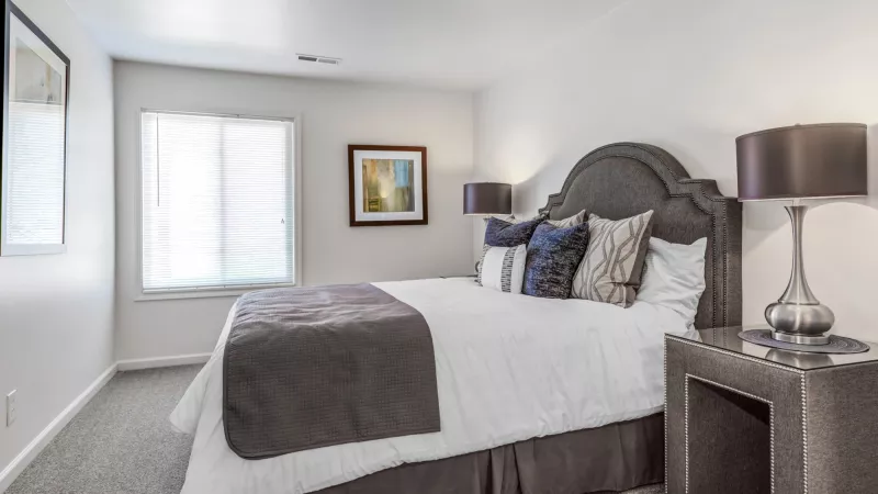 Bedroom with a gray upholstered bed, white bedding, and dark gray throw. A window is on the left, a nightstand with a lamp on the right.