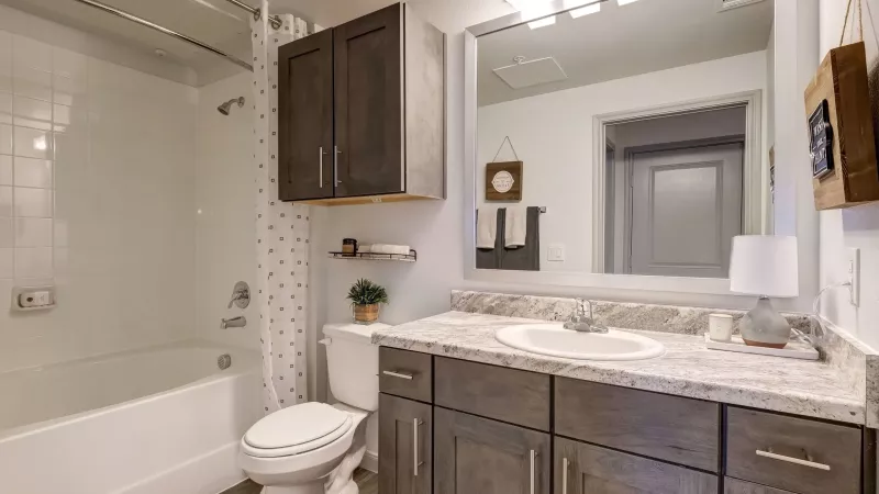 Modern bathroom with white tub, toilet, dark gray vanity with speckled counter and sink, large mirror, and dark wood cabinets.