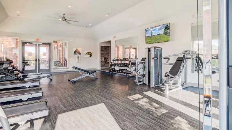 Spacious, modern gym with treadmills, weight benches, strength machines, and a wall-mounted TV.