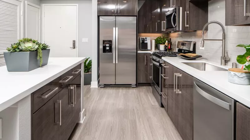 Modern kitchen with dark wood cabinets, stainless steel appliances, white countertops, and light wood floor.