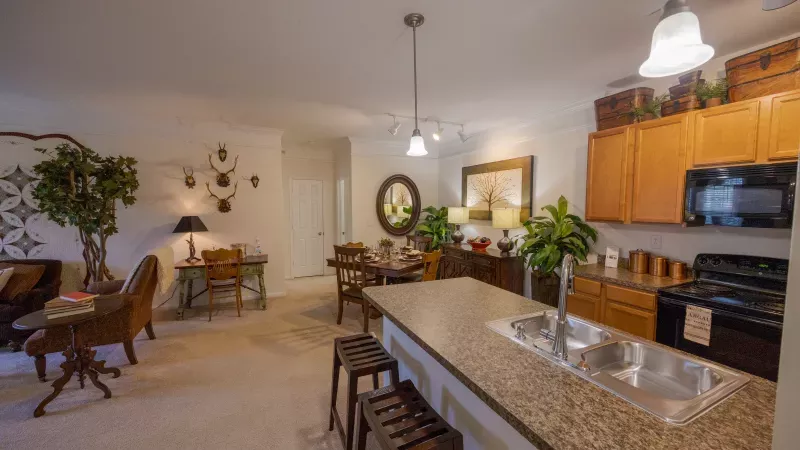 Photograph of a furnished, open-concept living space with a kitchen island, dining set, and sitting area.