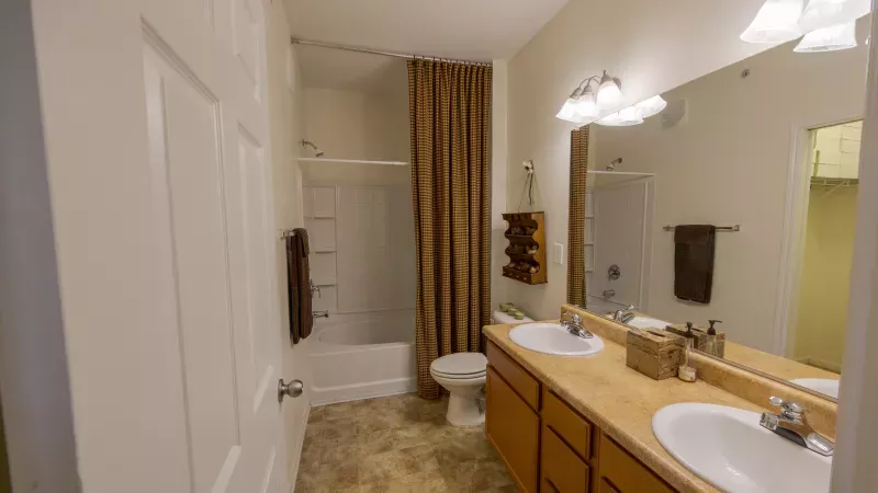 Bathroom with double vanity, light wood cabinets, shower/tub combo with brown curtain, and a toilet.