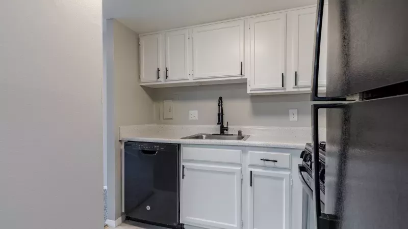 Modern kitchen with white cabinets, dark hardware, black sink, dishwasher, and stainless steel refrigerator.