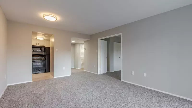 Empty apartment living area with light gray walls and dark gray carpet. A kitchen with dark appliances is visible through an archway.
