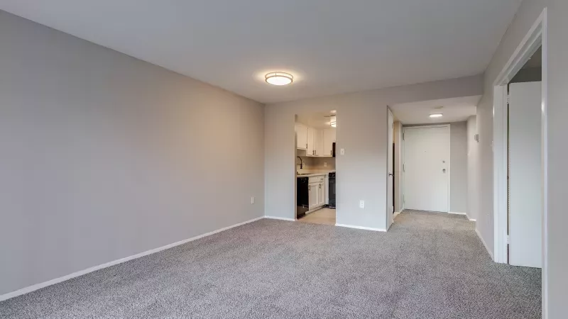 Empty apartment living room with gray carpet and walls, view of kitchen and entryway.