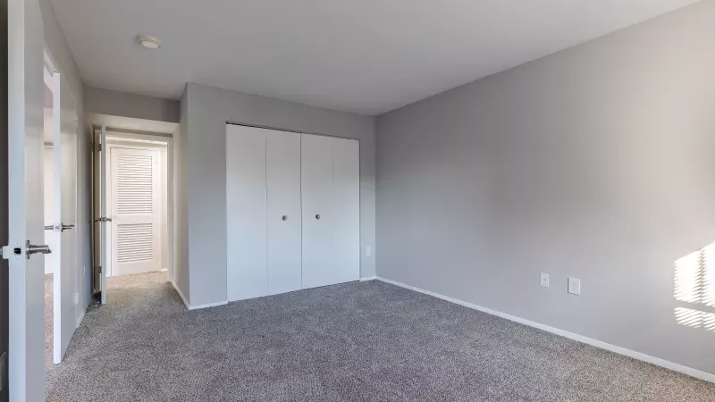 Empty room with light gray walls, plush gray carpet, white bi-fold closet doors, and a doorway. Sunlight.