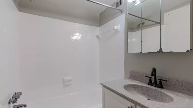 Modern bathroom features a white tub and shower, gray vanity with speckled counter, and mirrored medicine cabinet.