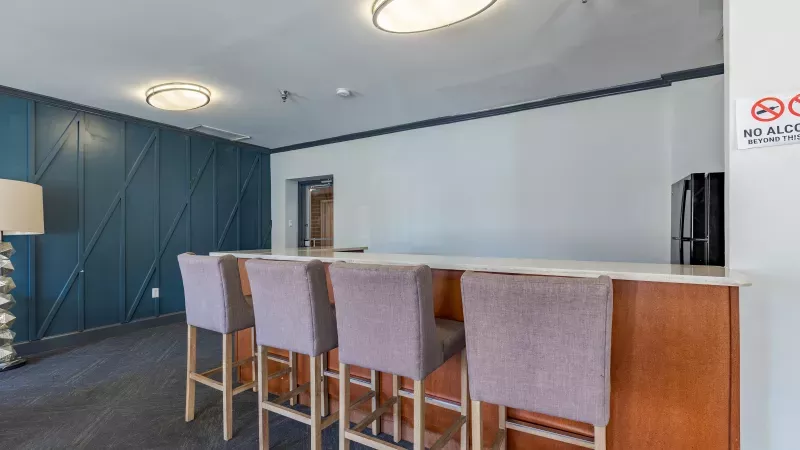 Bright common room with a long wooden bar, four purple upholstered stools, and a geometric dark teal accent wall.