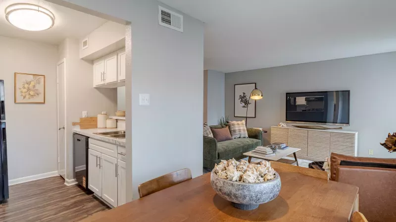 Open concept apartment with a wooden dining table, modern kitchen, and living room with a green sofa and TV.