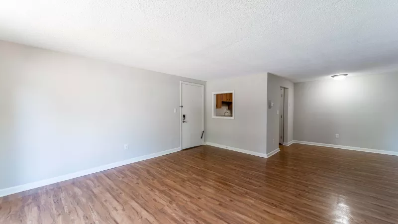 Empty living room with light neutral walls and warm wood floors. A white entry door and small framed art are visible.