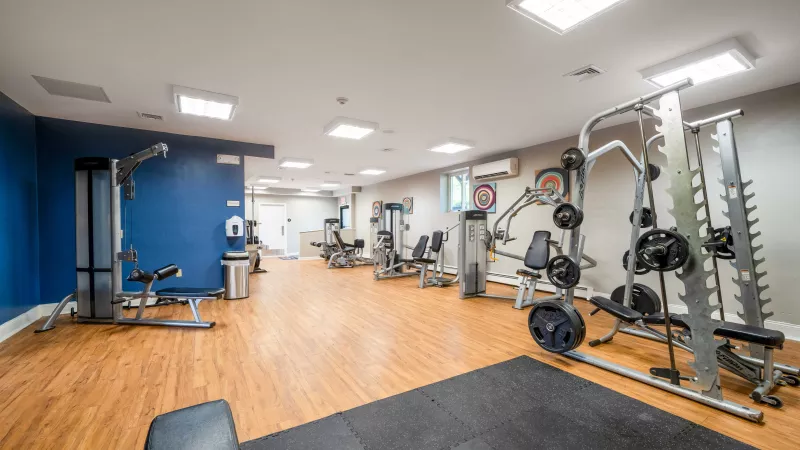 Modern gym with various weight machines, benches, a dark blue accent wall, and wood and rubber flooring.
