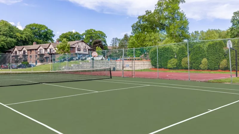 Green tennis court with a net, a red court with a basketball hoop, and houses among trees under a blue sky.