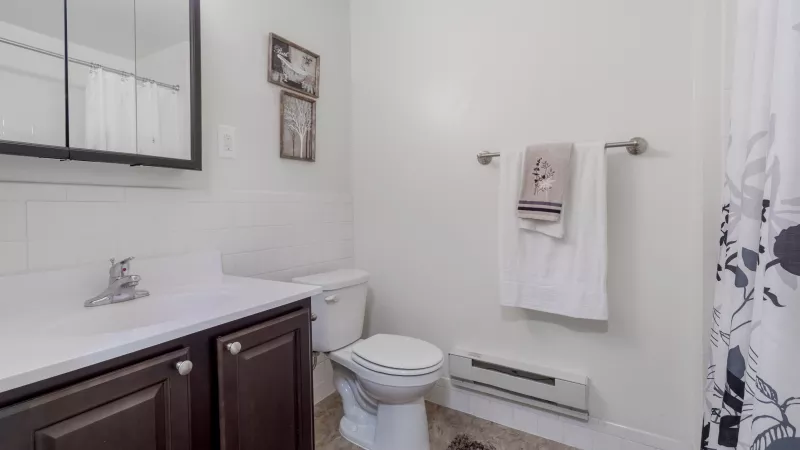 White bathroom with dark brown vanity, white sink, toilet, mirrored cabinet, and a floral shower curtain.