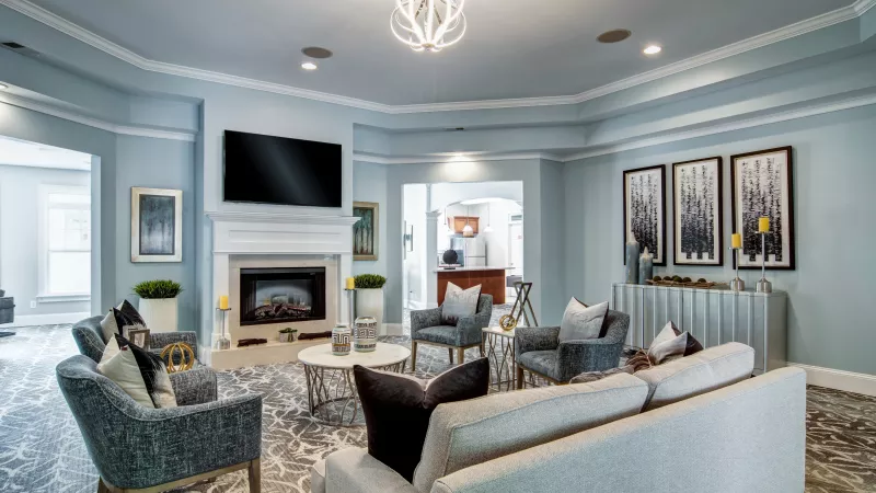 Elegant living room with light blue walls, fireplace, TV, cream and gray sofas, and tree artwork.