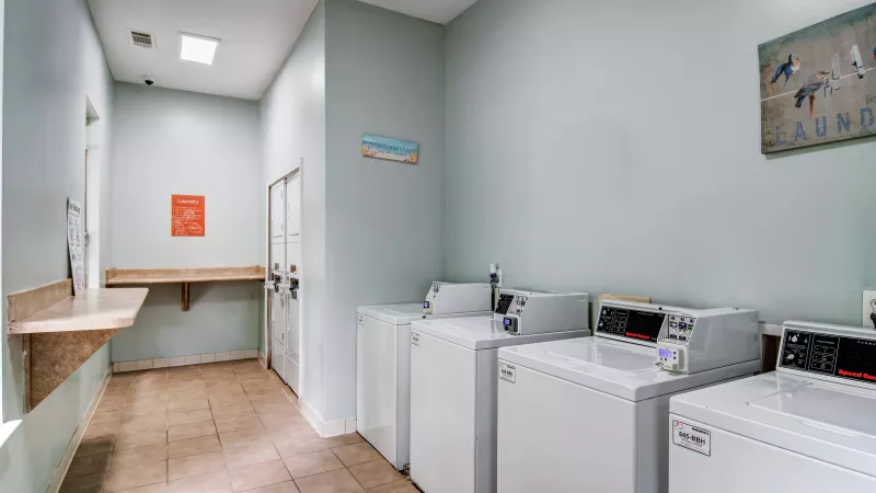 Clean laundry room featuring a row of white top-load washing machines, a long counter, and light blue walls.