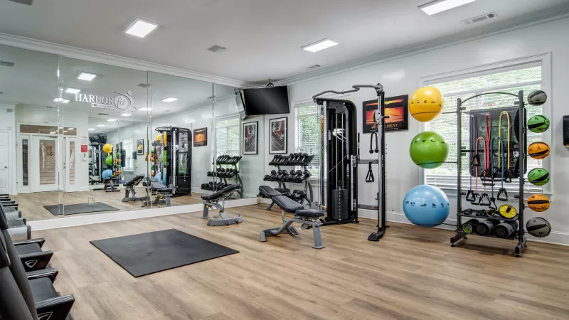 Bright home gym with wood flooring, mirrored wall, dumbbells, multi-station machine, and colorful stability balls.