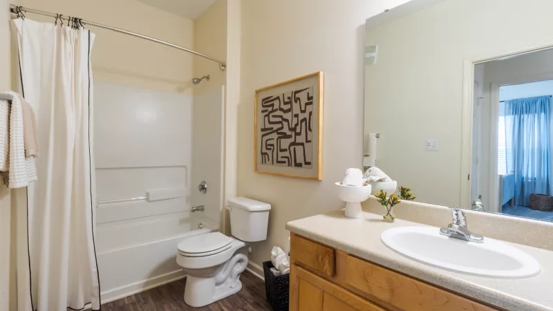 Bathroom with cream walls, dark wood-look floor, white tub/shower, toilet, and a light wood vanity with sink and mirror.