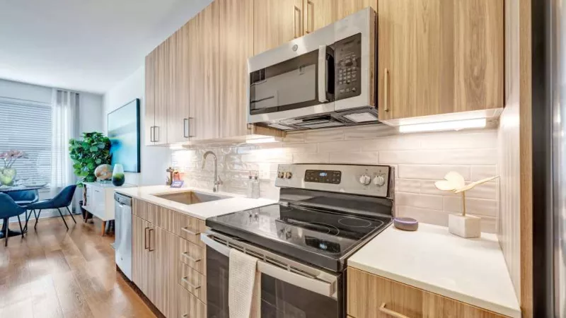 A well-designed kitchen featuring stainless-steel appliances, quartz countertops, and elegant wood cabinetry for a modern touch.
