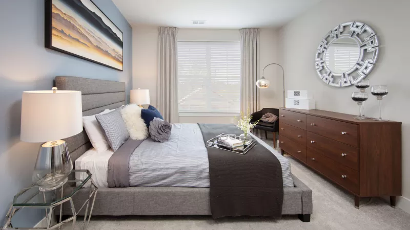 A spacious bedroom with a modern gray upholstered bed, stylish bedding, a wooden dresser, and a large window allowing natural light to brighten the space.
