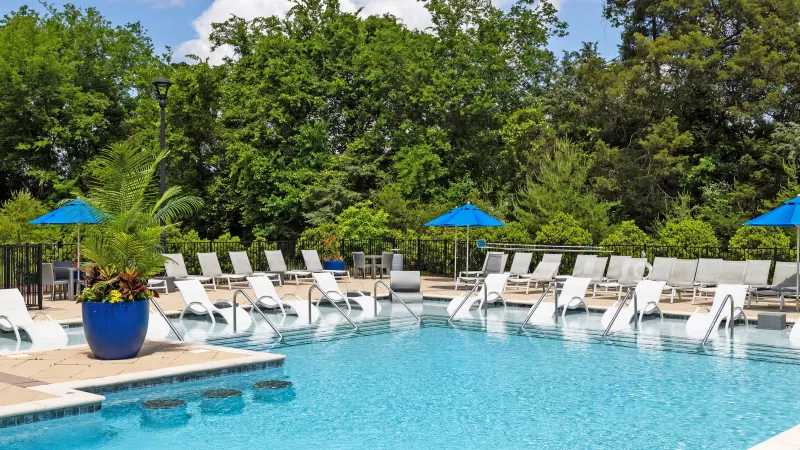Resort-style swimming pool with in-water loungers, poolside chairs, and blue umbrellas surrounded by lush greenery.