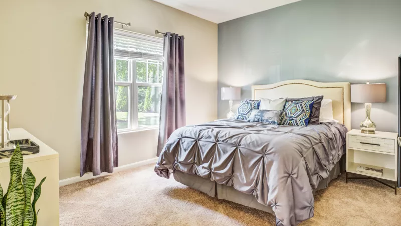 spacious bedroom with cozy bedding, large window, and neutral decor