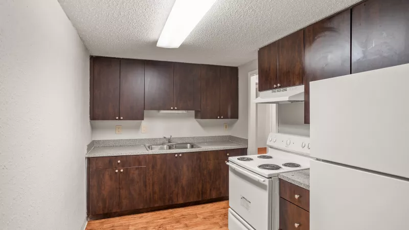 Kitchen with dark wood cabinets, light gray counter, white stove, refrigerator, wood floor, and fluorescent light.