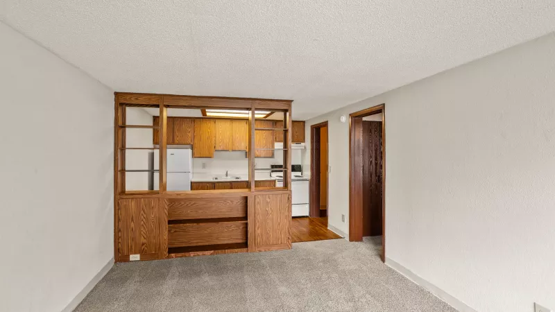 Living room with gray carpet and a partial view of a kitchen through a wooden divider.