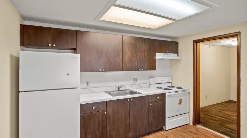 Photograph of a small kitchen with dark wood cabinets, white appliances, and a reddish-brown carpeted floor.