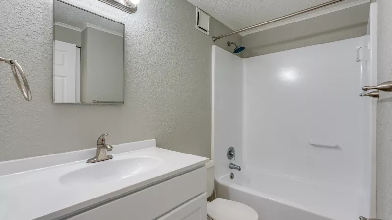 Clean bathroom with a white vanity, silver faucet, mirror, toilet, and a white shower/tub unit. Light gray walls.